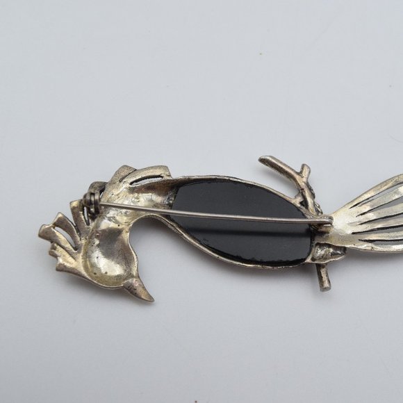 Vintage Sterling Silver, Onyx, Marcasite, & Garnet Crested Long Tail Bird Brooch - Picture 12 of 13
